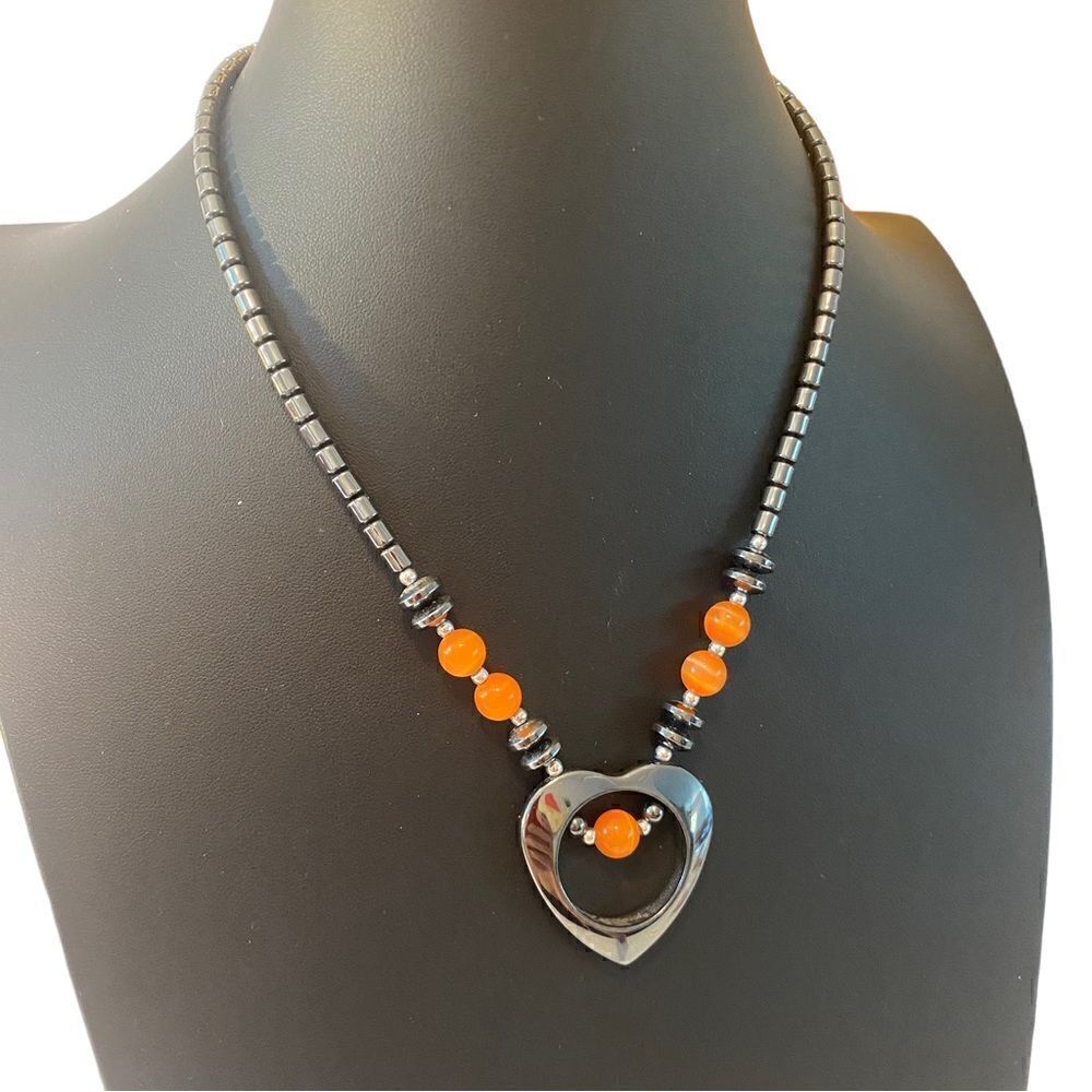 Gun Metal Gray Beaded Heart Pendant Necklace W/ Iridescent Orange Accents.